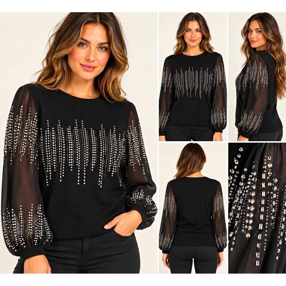 Siani Milano Size M Black Rhinestone Chiffon Ballon Sleeve Knit Top Blouse Glam
